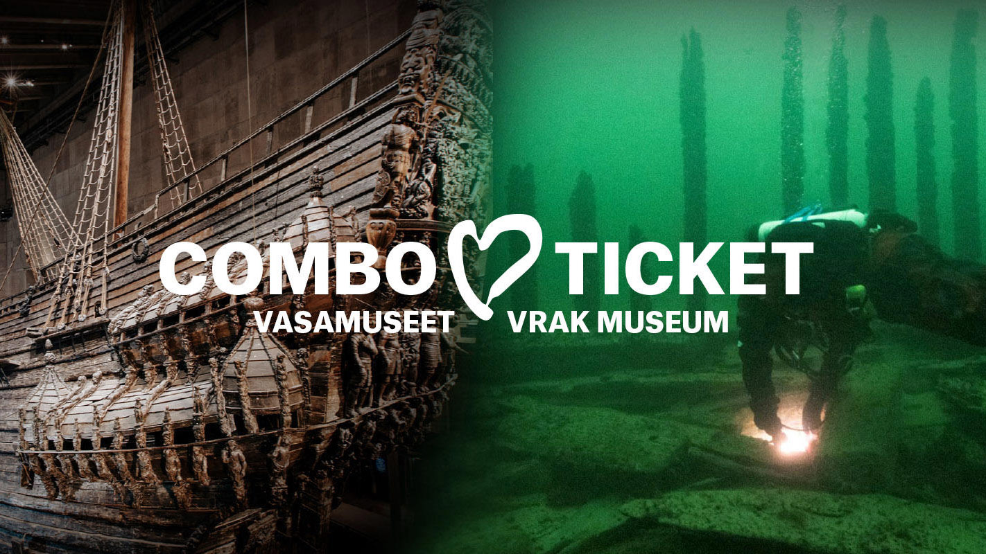 Collage som visar dykare under vatten och skeppet Vasa samt texten Combo ticket Vasa museum Vrak Museum.