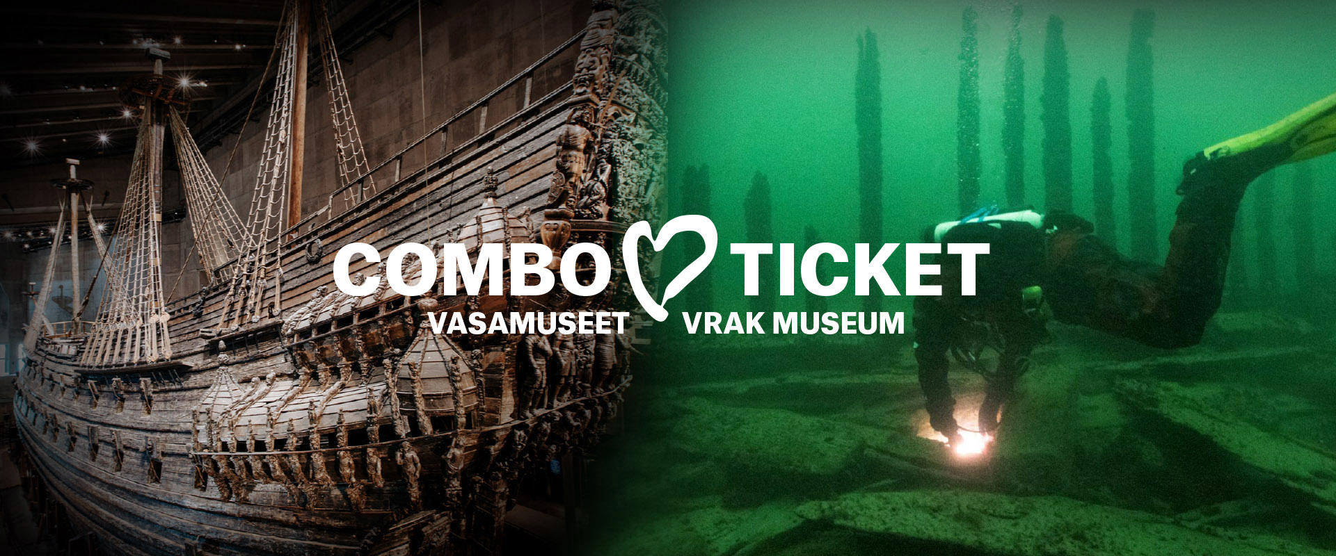 Collage som visar dykare under vatten och skeppet Vasa samt texten Combo ticket Vasa museum Vrak Museum.
